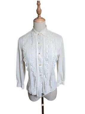 Ivory Vintage Lace-Trim Button Front Blouse